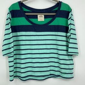 Hollister Womens Blue Green Striped 3/4 Sleeve Round Neck Shirt Top Large